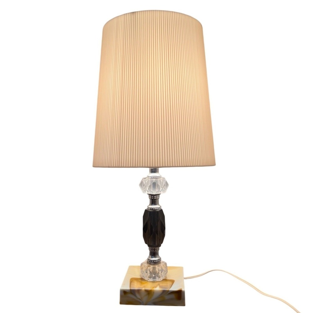 Vintage Leviton Table Lamp MCM Faux Marble Base Pleated Shade Regency Retro Deco